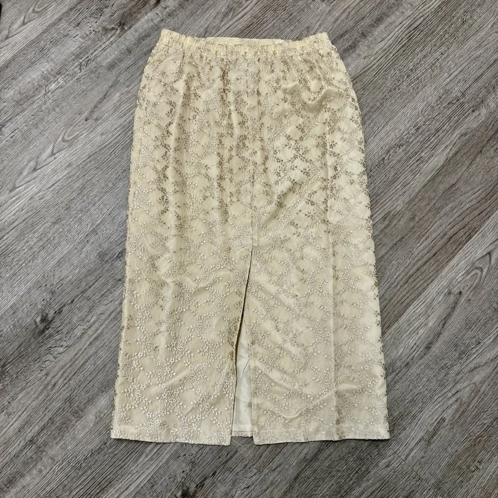 R&M Richards‎ Petite Champagne Gold Floral Lace Maxi Skirt Size 16P 13375